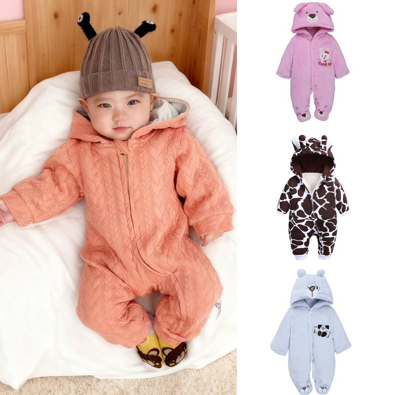 珊瑚绒婴儿连体衣毛绒外出服棉衣爬服秋冬款可爱小熊宝宝保暖睡衣