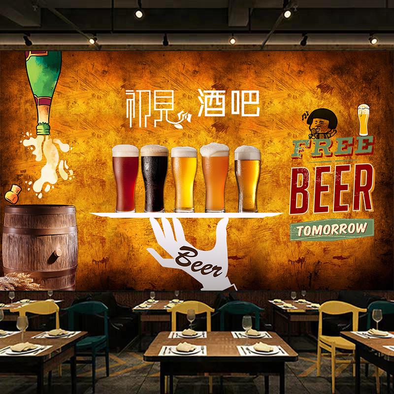 复古小众酒馆壁纸酒吧饭店背景墙壁画涂鸦音乐墙装饰真丝布墙布图片