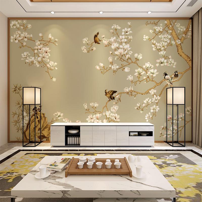 现代简约手绘花鸟墙纸装饰壁画新中式墙布客厅卧室电视背景墙壁纸图片