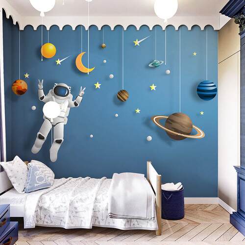 儿童房男孩卧室床头墙纸蓝色太空宇宙环保壁纸卡通定制壁画墙布