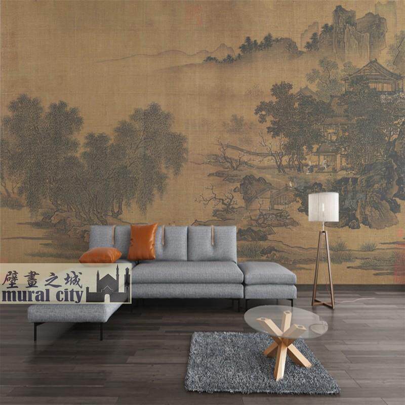 复古风山水古画墙纸国画意境中式壁纸摄影直播墙布宋画秋景图背景