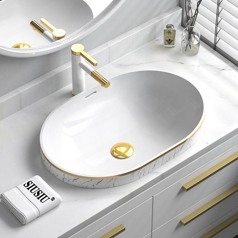 大理石纹半嵌入式圆形台上盆台中盆长方形陶瓷洗手洗脸池椭圆面盆