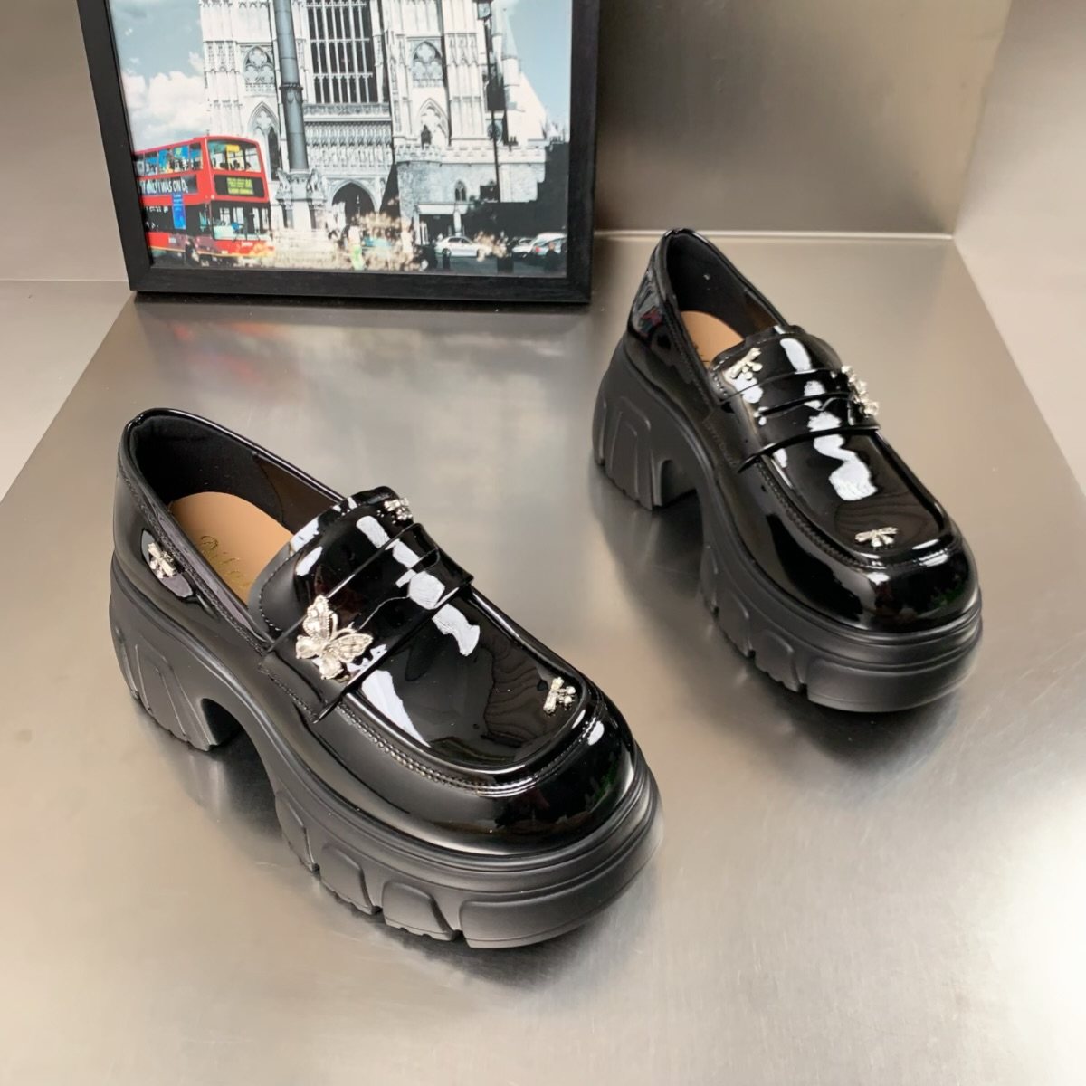 英伦风厚底乐福鞋女2026春季新款漆皮金属装饰松糕增高6.5cm单鞋,女鞋,乐福鞋（豆豆鞋）,淘宝优惠券,粉丝福利购,淘宝优惠卷