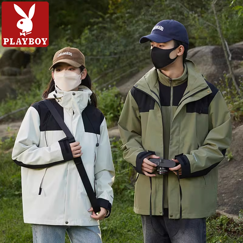 花花公子冲锋衣男女款三合一秋冬户外运动防风夹克防水登山服外套