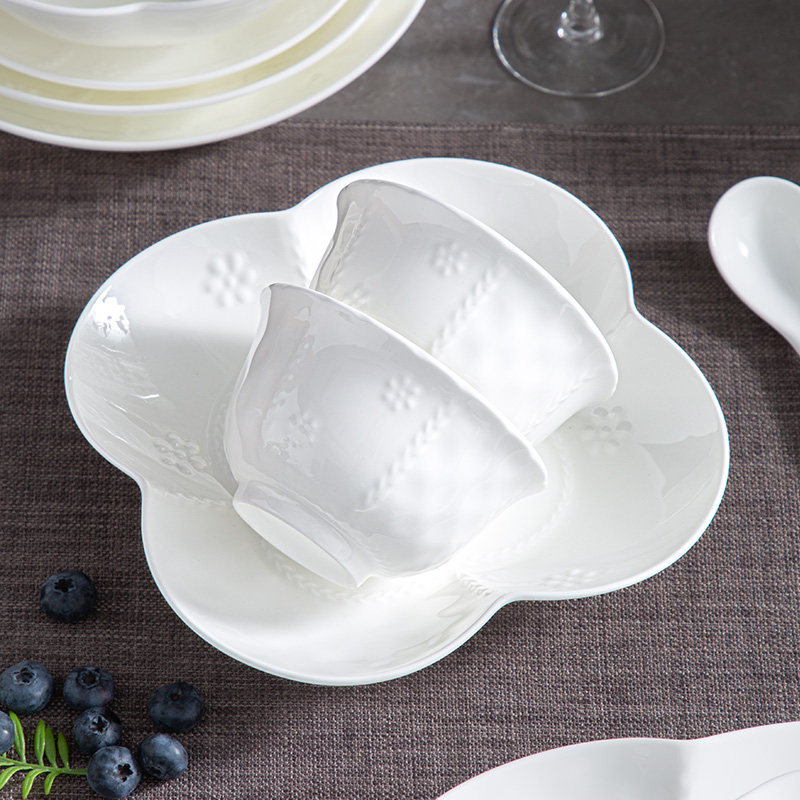 米饭碗家用白色浮雕汤碗碟盘子勺子陶瓷餐具套装微波炉洗碗机专用