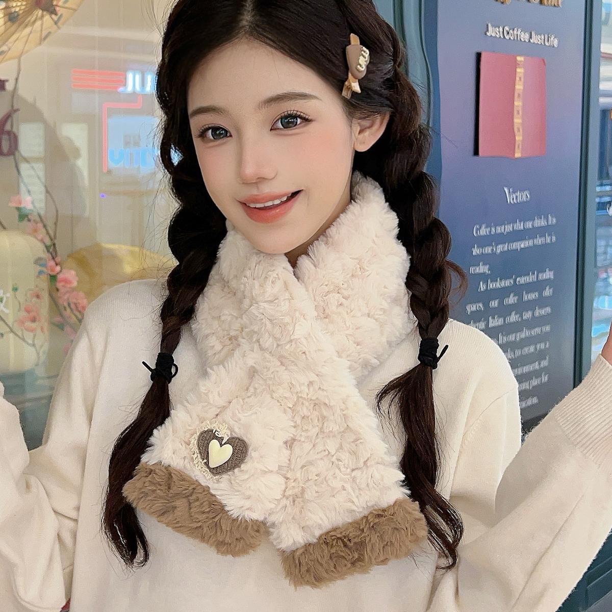 爱心拼色小围脖女秋冬保暖加厚毛绒绒围巾学生韩版防风骑车小清新