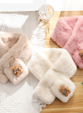 可爱围脖女秋冬季保暖毛绒围巾韩版厚纯色小熊脖套甜美软妹学生潮