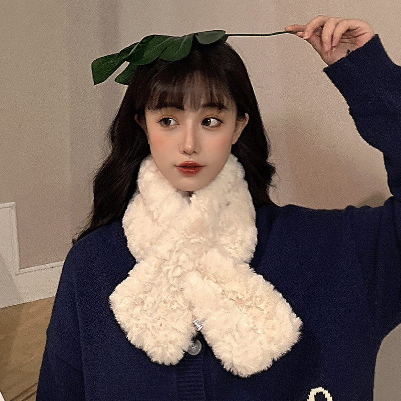 白色围脖女冬季毛绒绒短款围巾纯色韩版学生厚保暖防风脖套少女心