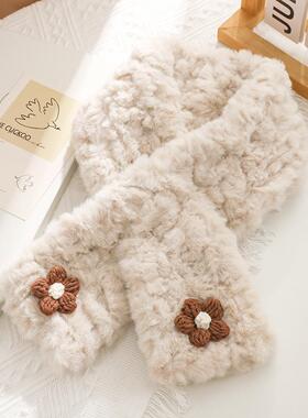 毛毛围脖秋冬女加厚保暖毛绒小围巾保暖交叉短款学生甜美日系软妹