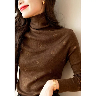 镶钻蝴蝶堆堆领蚕丝羊毛混纺针织打底衫女秋季新款修身显瘦上衣女