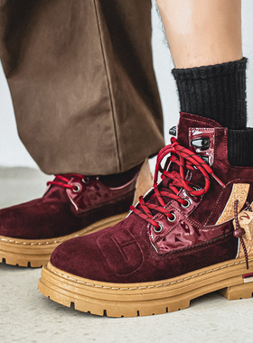 复古酒红色马丁靴男冬季厚底工装靴个性潮流登山短靴户外休闲皮靴
