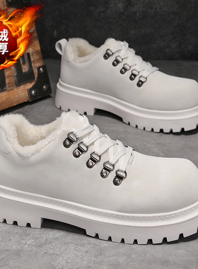 2025新款白皮鞋男休闲大头德比鞋男士加绒加厚保暖棉鞋低帮马丁靴