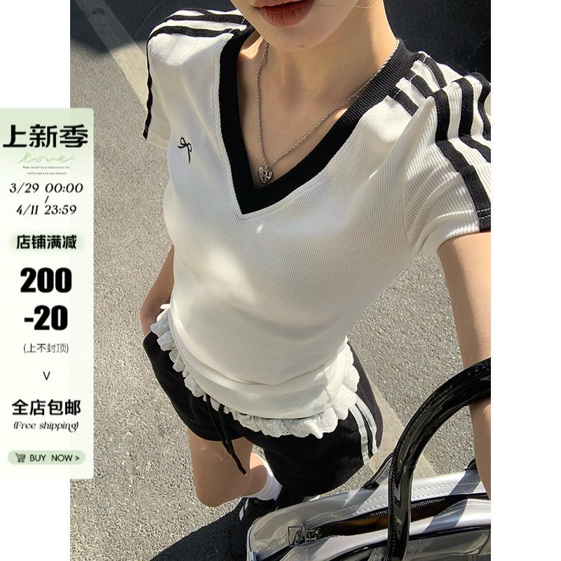 宋正恩蝴蝶结V领白色正肩短袖t恤女夏季新款纯棉修身短款半袖上衣