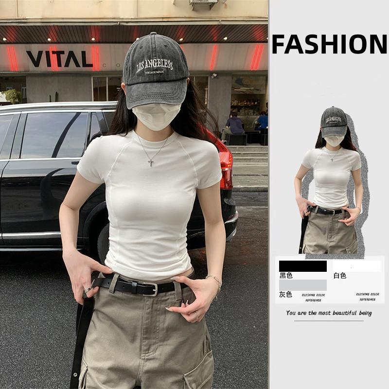 白色正肩短袖t恤女2025新款夏季紧身半袖修身高腰小个子短款上衣