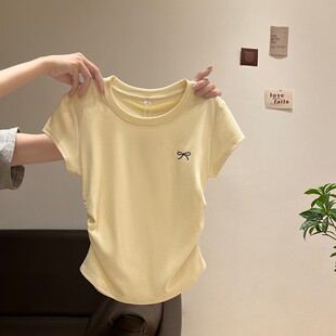 小个子修身 褶皱收腰蝴蝶结上衣 T恤女夏季 奶黄色圆领正肩显白短袖