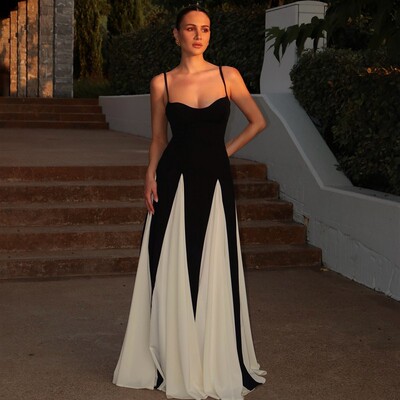 summer rose法式黑白拼色吊带连衣裙修身显瘦御姐风礼服拖地长裙