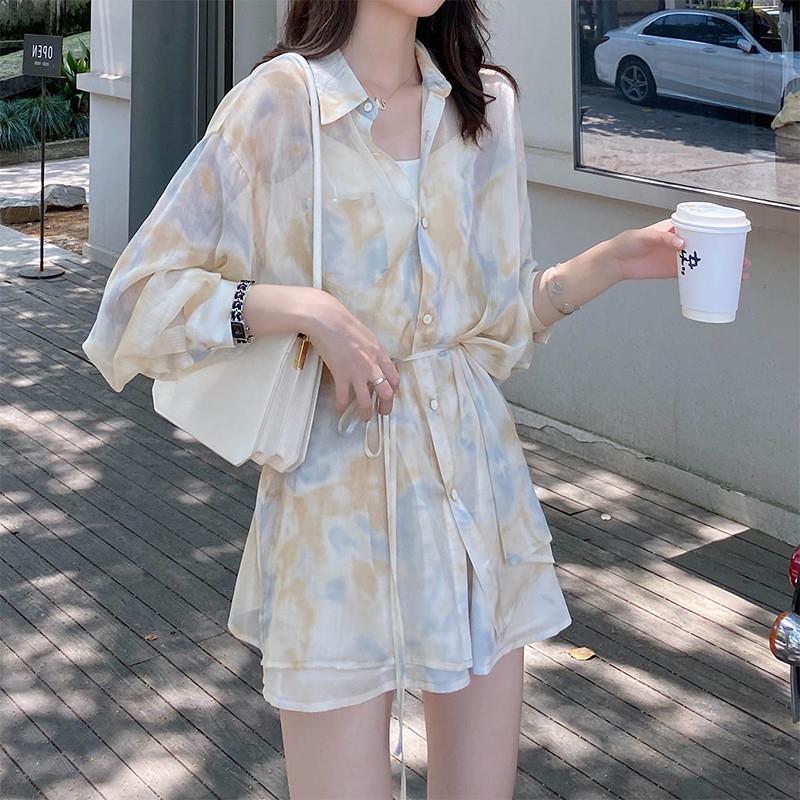 2025新款高级感休闲防晒雪纺长袖连衣裙子衬衫短裤两件套装女夏季