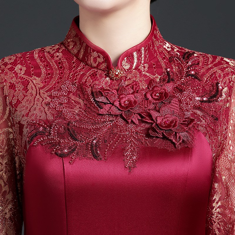 2023醋酸旗袍春夏中袖长款摆裙妈妈G装礼服宴会婚礼大码旗袍连衣