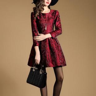 外贸出口红色大码 高端高档气质提花妈妈连衣裙子百搭中老年蓬蓬裙