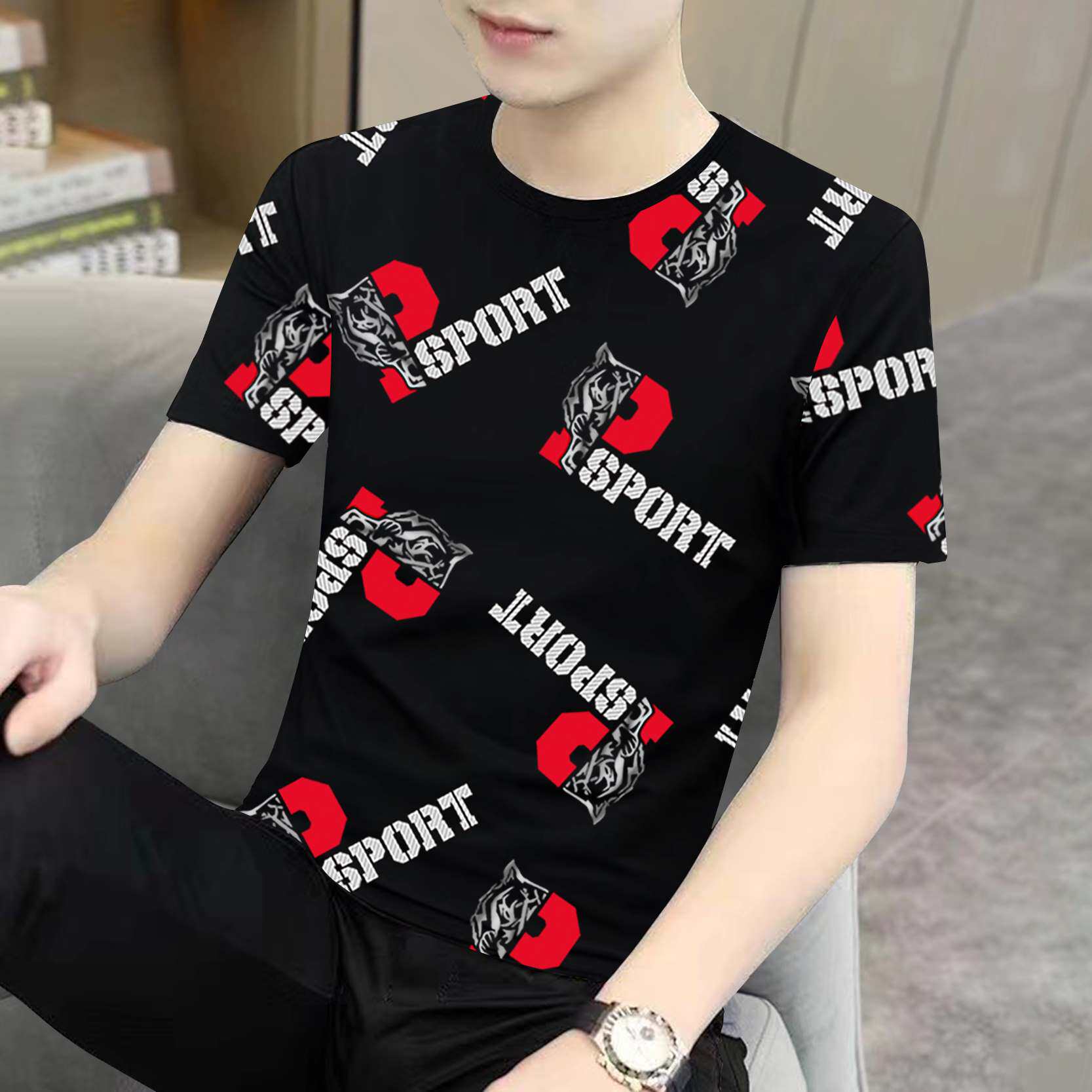 冰丝男士短袖T恤2026夏季新款薄款潮流圆领打底半袖体恤速干上衣