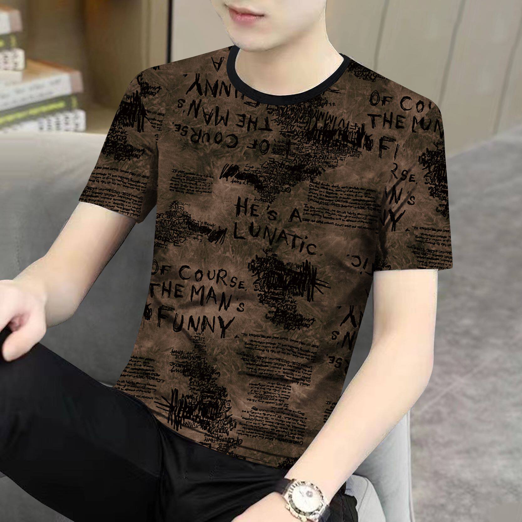 夏季冰丝短袖T恤男士新款潮流印花半袖体恤男装圆领百搭打底衫