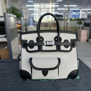 蜡线手缝铂金包Cargo熊猫BK25口袋女包进口swift牛皮拼帆布手提包