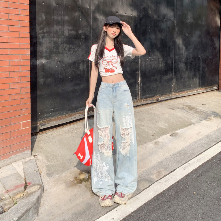 港风复古浅色破洞乞丐牛仔裤女夏牛仔裤