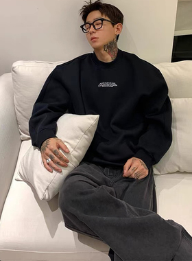 STA国潮美式重磅450g英文词句印花圆领卫衣男女秋冬宽松情侣上衣