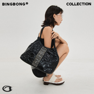 BINGBONG 小号钻钻托特包大容量高级黑色褶皱设计通勤单肩包 原创