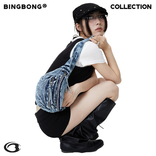 BINGBONG洗水牛仔蓝辣妹腰包