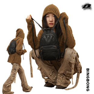 BINGBONG 迷你复古小书包设计感黑色双肩包轻便小型小众通勤背包