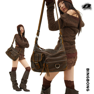 大容量包包女 工装 BINGBONG 复古棕色机车斜挎包辣妹通勤机能新款