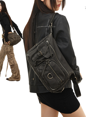 BINGBONG|黑色复古做旧机车斜挎包 机能风y2k单肩包