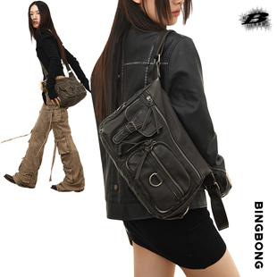 BINGBONG 机能风y2k单肩包 黑色复古做旧机车斜挎包