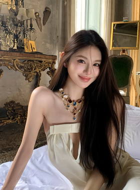 沙与沫 宫廷风复古彩色水钻珍珠项链女vintage流苏双层锁骨链颈链