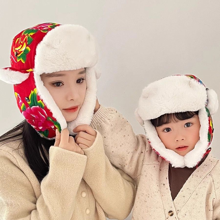 东北大花布儿童帽子冬季网红男女童护耳雷锋帽保暖亲子防寒滑雪帽