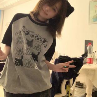 黎帮主的风格店美式复古猫咪短袖t恤女夏季oversize插肩袖上衣潮