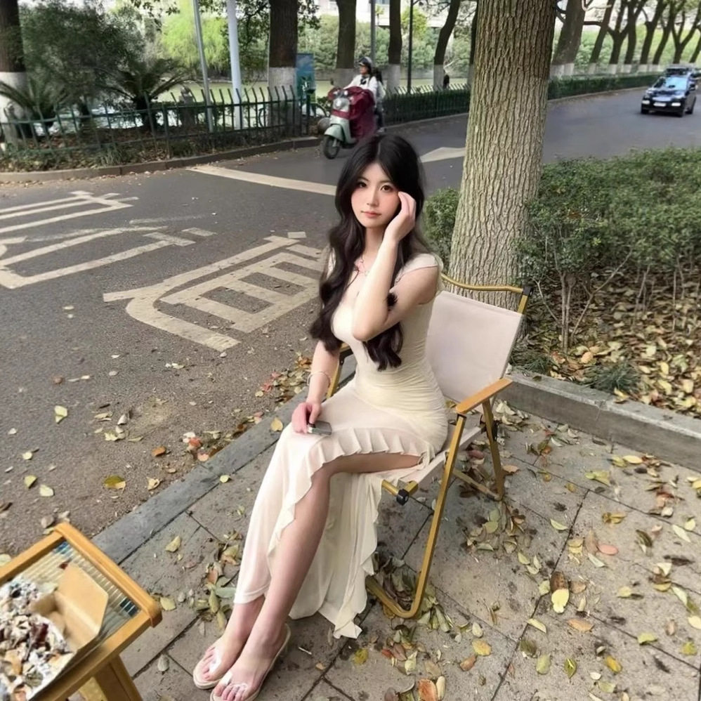 Y2K夏季甜辣妹开叉吊带连衣裙女小飞袖收腰网纱裙子不规则长裙