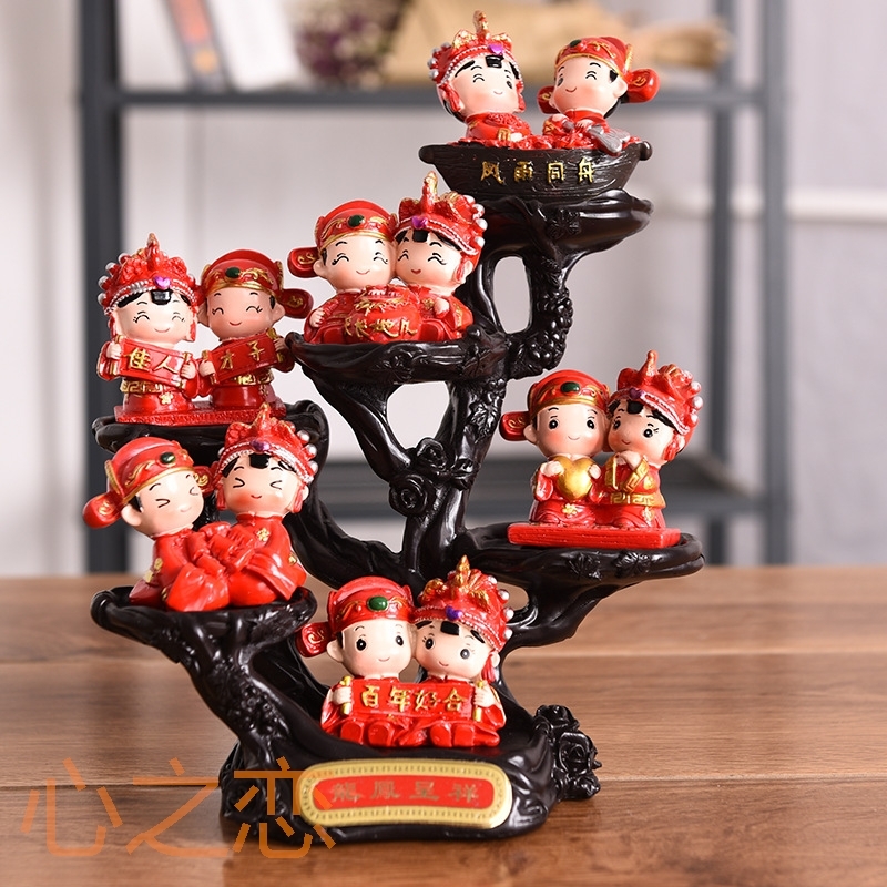新款树脂工艺品中式婚庆娃娃家居装饰创意中国风摆件婚房装饰