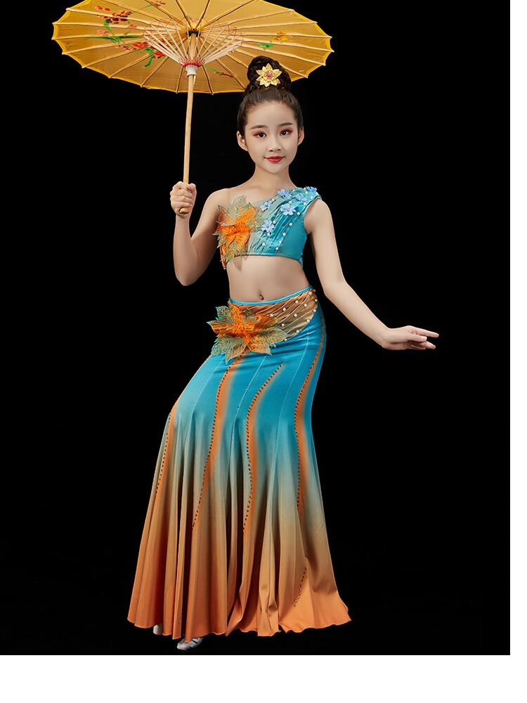 儿童傣族舞蹈演出服装练功裙表演服傣族服装女舞裙孔雀舞艺考服装