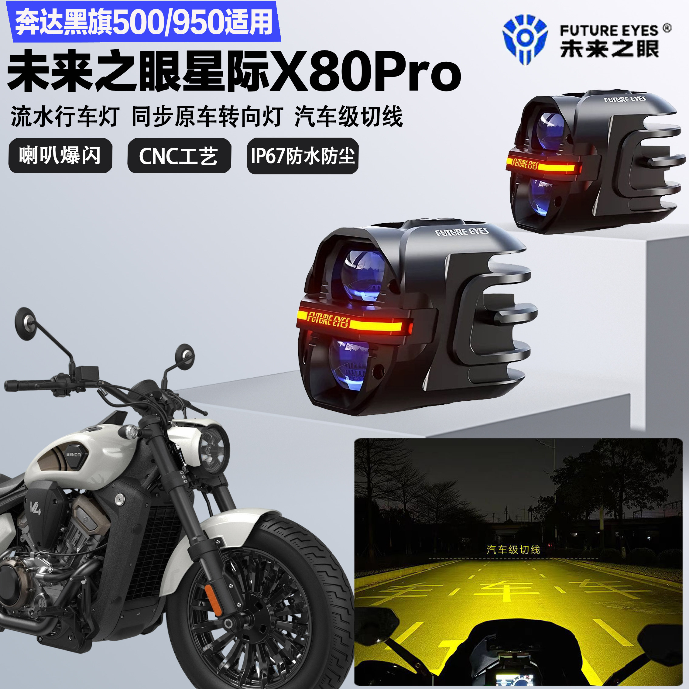 未来之眼星际X80pro适配奔达黑旗500/950远近光切线爆闪LED射灯图片