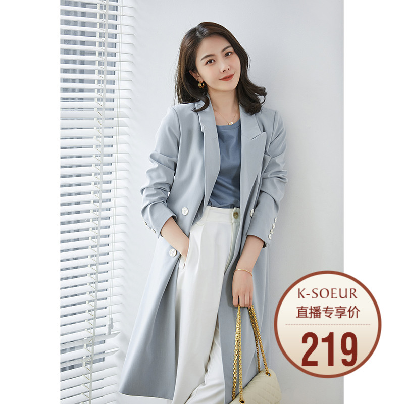 K姐 【走路带风】斜纹西装料气质西装领双排扣中长款西装外套女