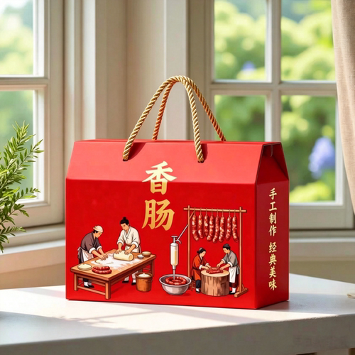 蓉小盒香肠包装盒红色喜庆带提手传统工艺图案香肠5-8斤装包装
