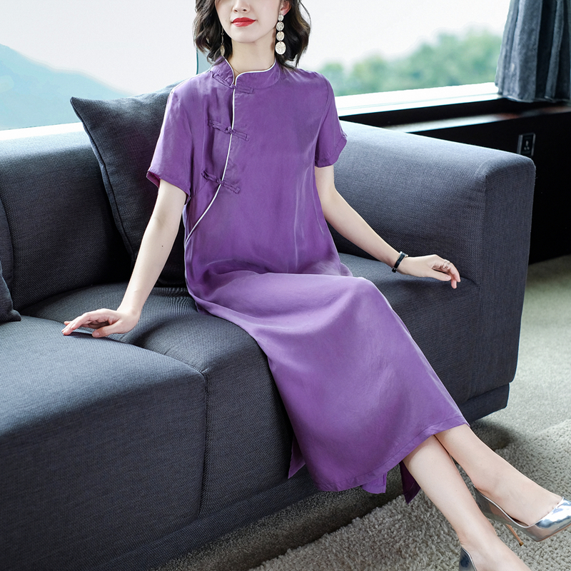 铜氨丝连衣裙女2022夏季新款遮肚显瘦大码高端改良旗袍茶艺真丝裙