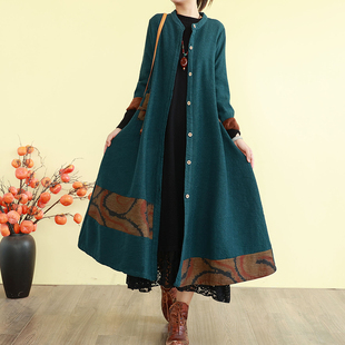 加厚风衣宽松提花棉袄子 款 复古文艺拼布加绒棉衣外套女秋冬季 长袖