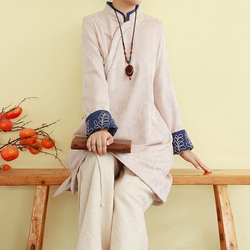 复古民国风亚麻棉加绒提花衬衫