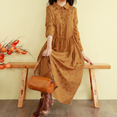 复古文艺羽毛提花棉麻连衣裙春季 过膝麻料气质收腰长裙子宽松 长款