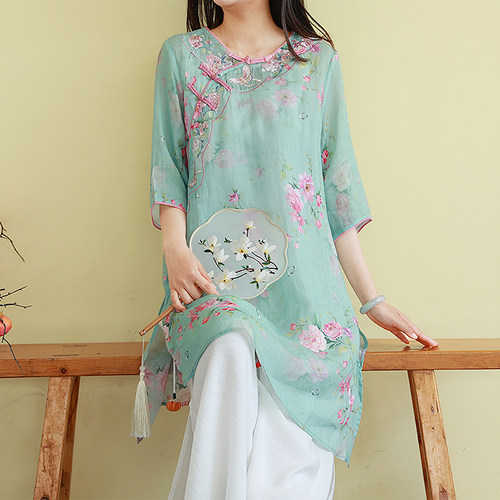 民族风印花苎麻刺绣衬衫茶服