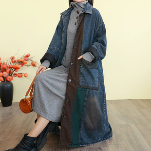 复古风撞色拼接牛仔棉服女冬宽松长款 翻领大口袋棉衣外套加厚保暖