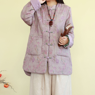 复古文艺印花夹棉衣外套女冬季中长款加厚对襟盘扣休闲棉服棉袄子